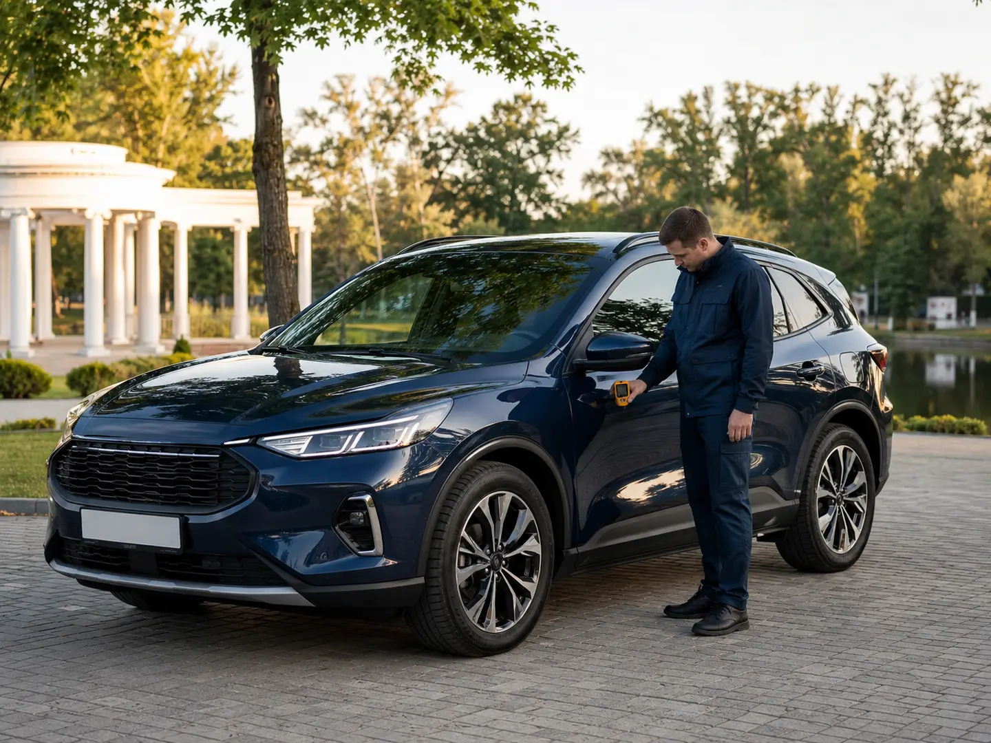 Експерт перевіряє кузов авто товщиноміром у Бучанському парку