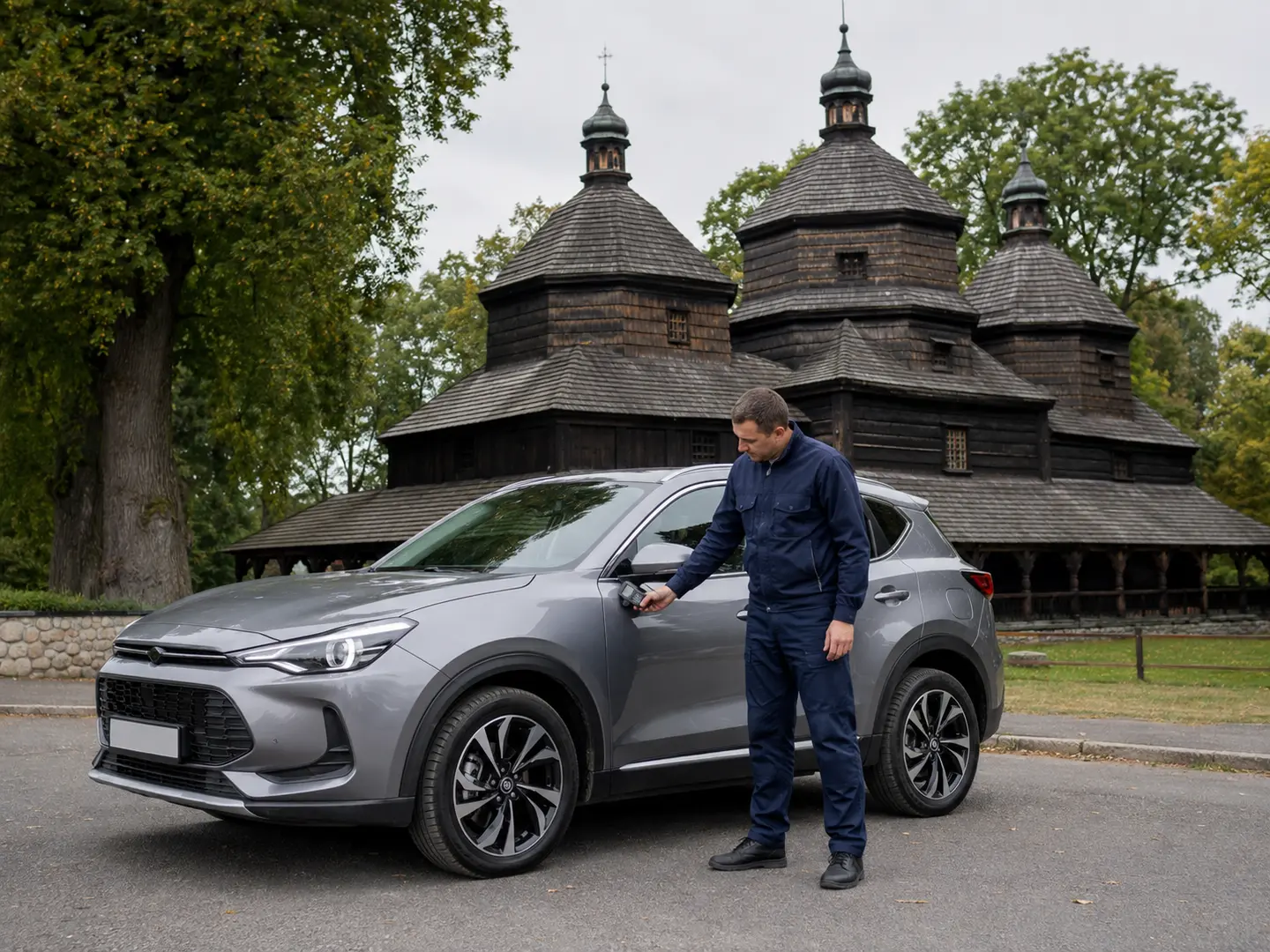 Перевірка кузова автомобіля біля церкви Святого Юра у Дрогобичі