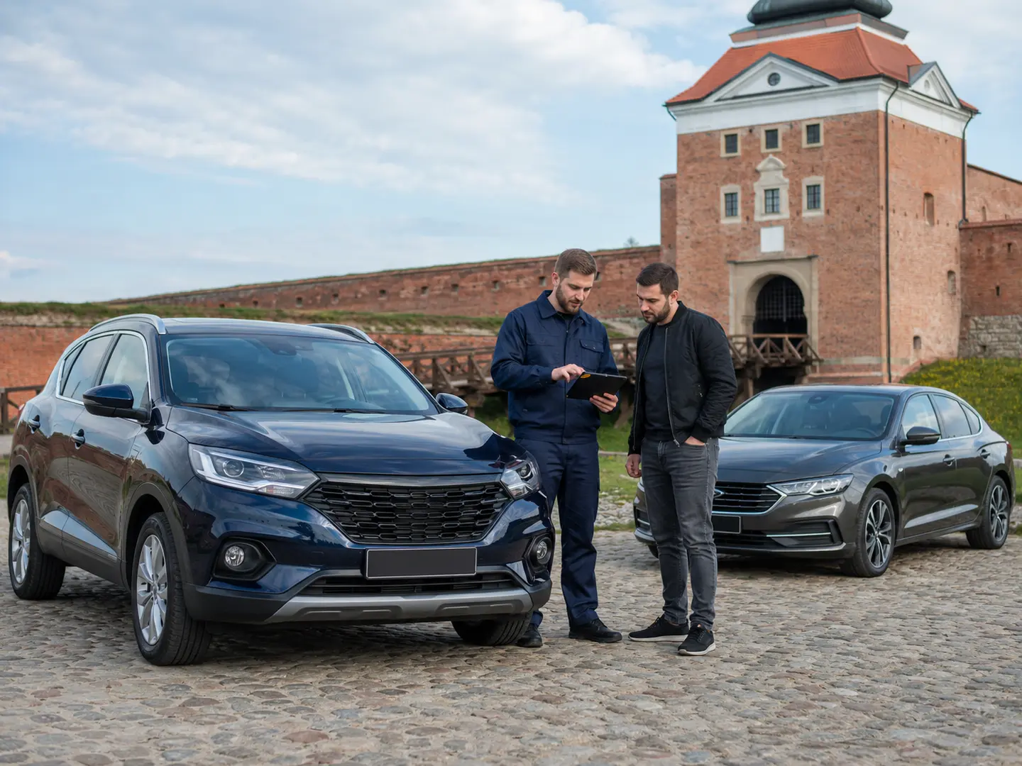 Експерт і клієнт порівнюють автомобілі біля Дубенського замку