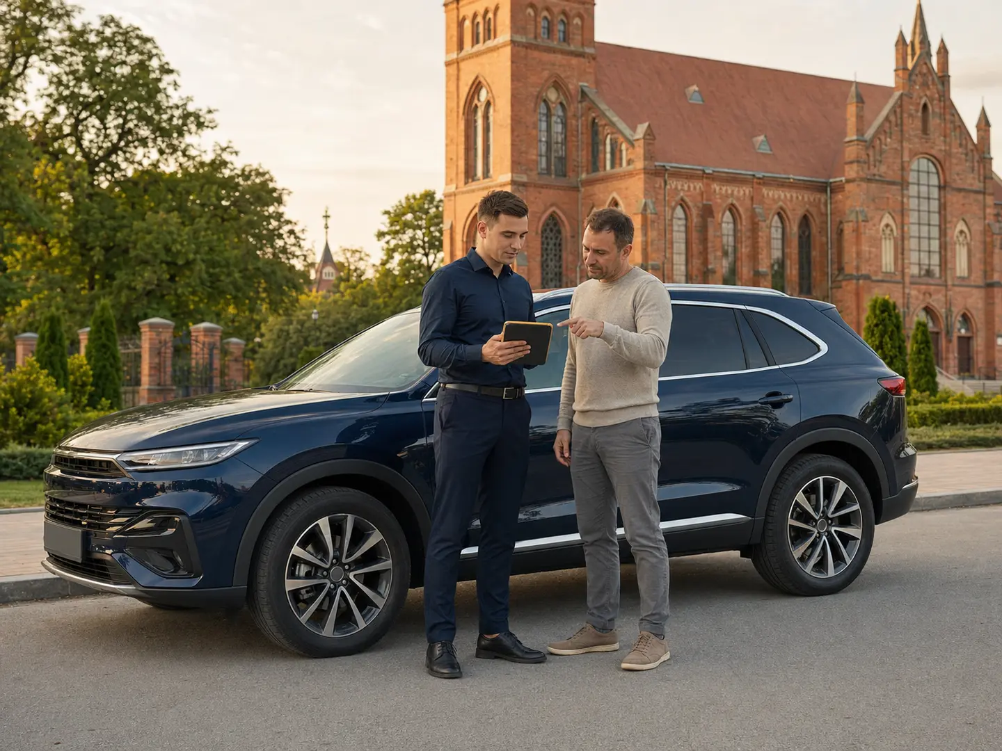 Експерт і клієнт підбирають авто біля костелу у Фастові