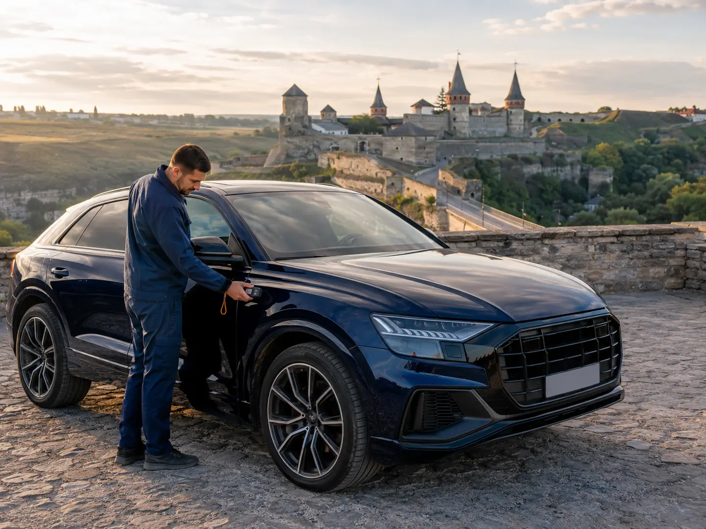 Перевірка кузова авто біля замку Кам’янця-Подільського