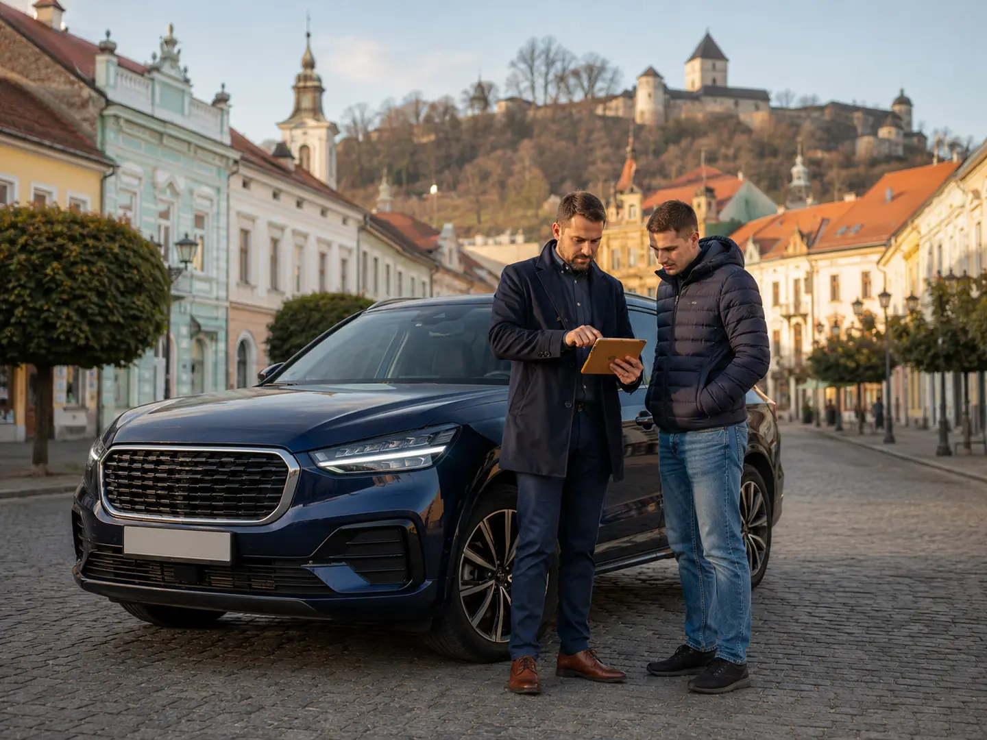 Експерт і клієнт порівнюють автомобілі в історичному центрі Хуста