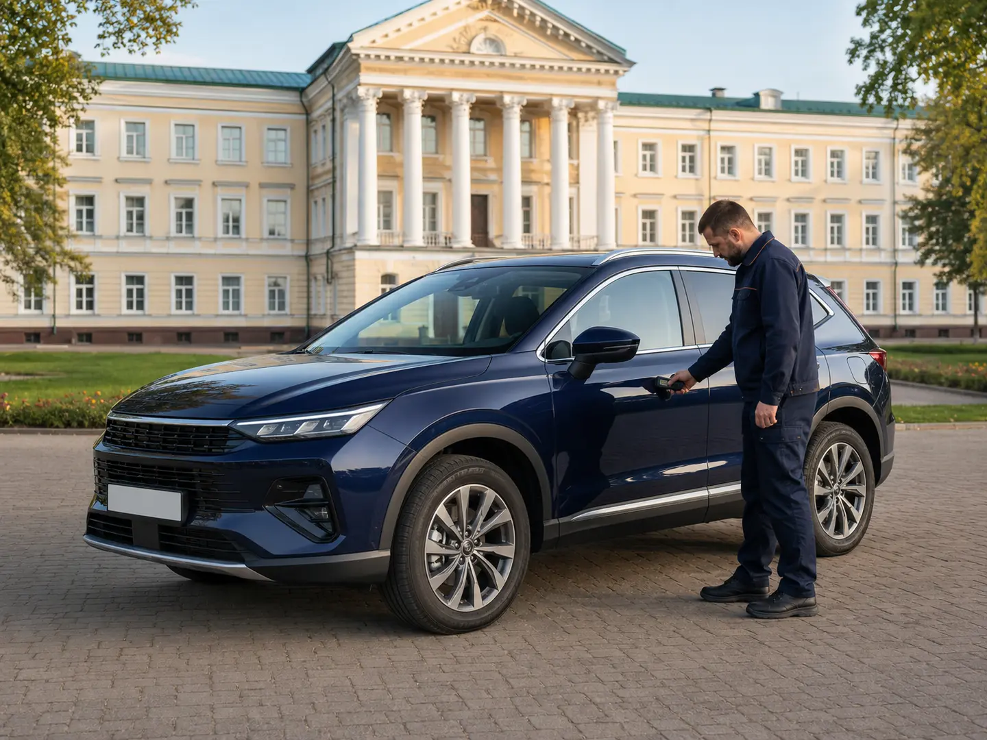 Експерт перевіряє кузов автомобіля біля Ніжинського університету