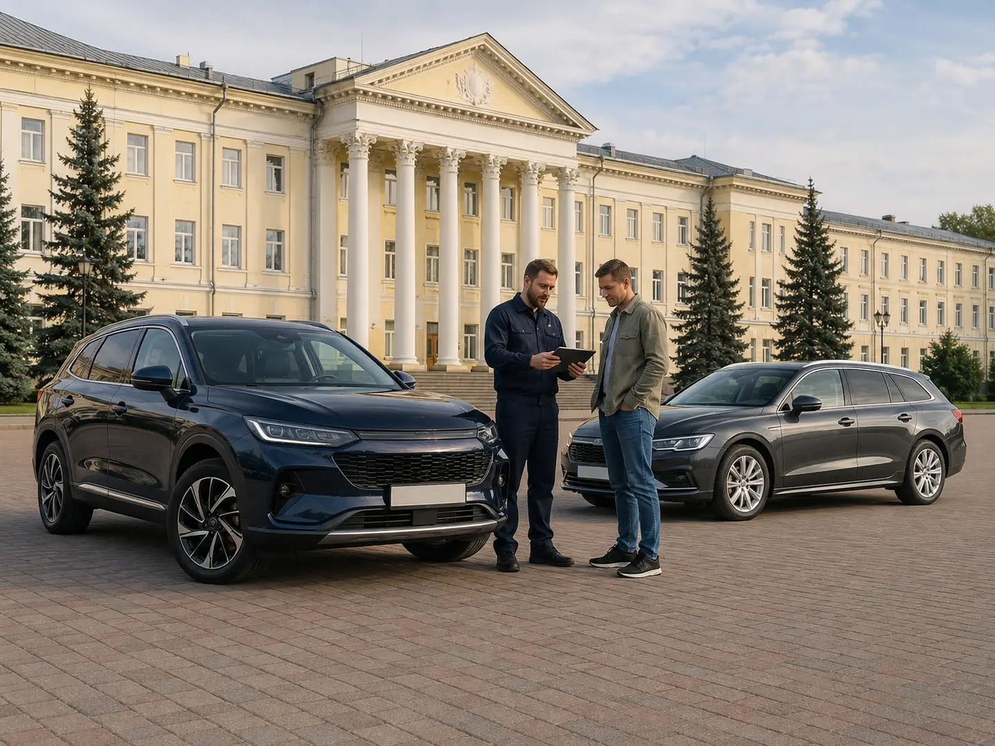 Експерт і клієнт порівнюють автомобілі біля Ніжинського університету