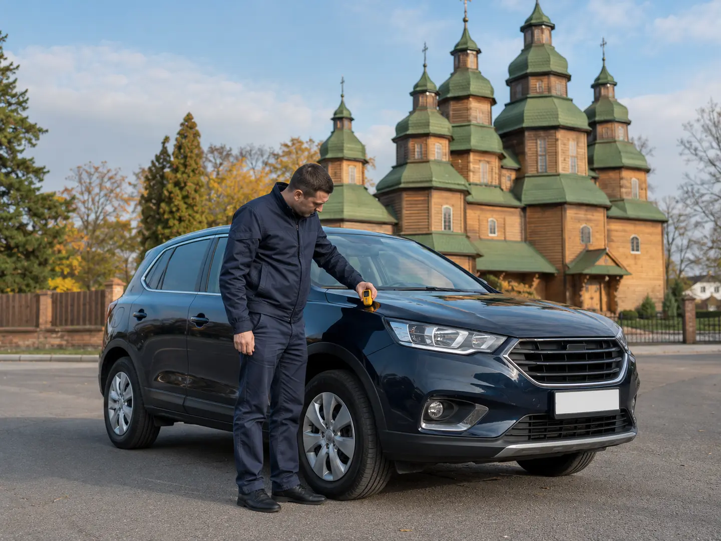 Експерт перевіряє кузов авто біля Свято-Троїцького собору в Самарі