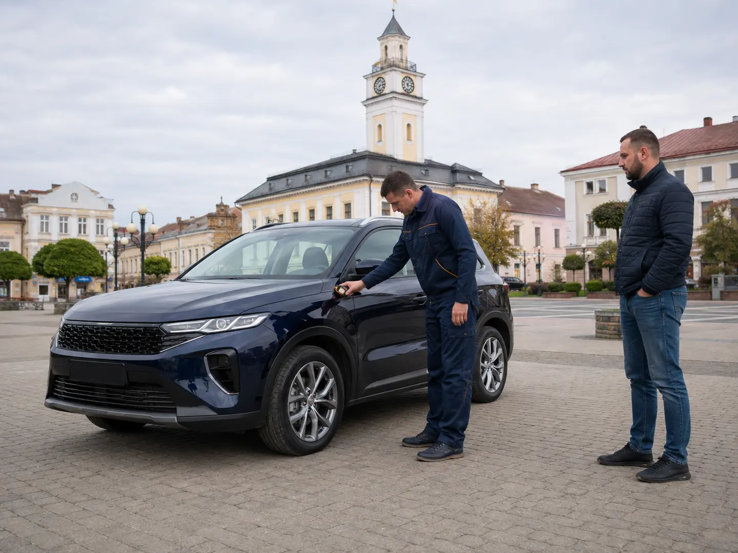 Перевірка автомобіля біля ратуші у Самборі