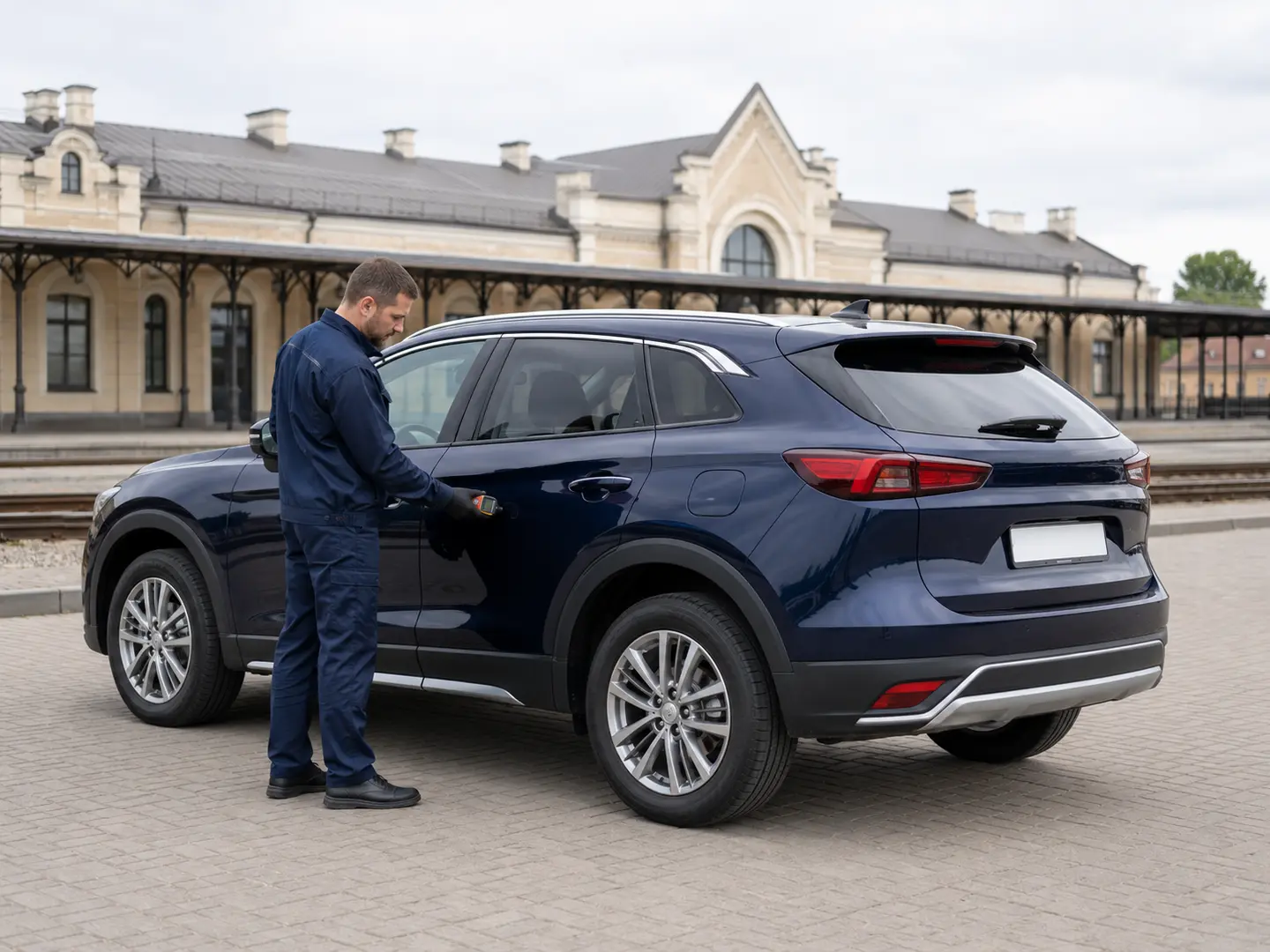 Експерт перевіряє кузов автомобіля біля залізничного вокзалу Сарн