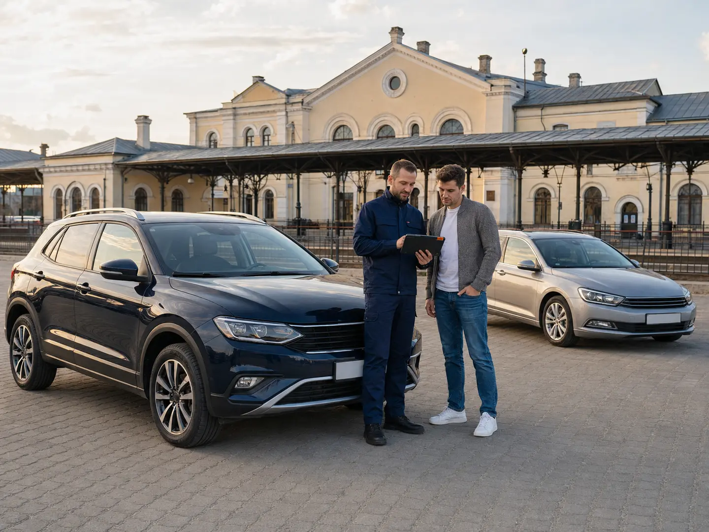 Експерт і клієнт порівнюють автомобілі біля вокзалу Сарн