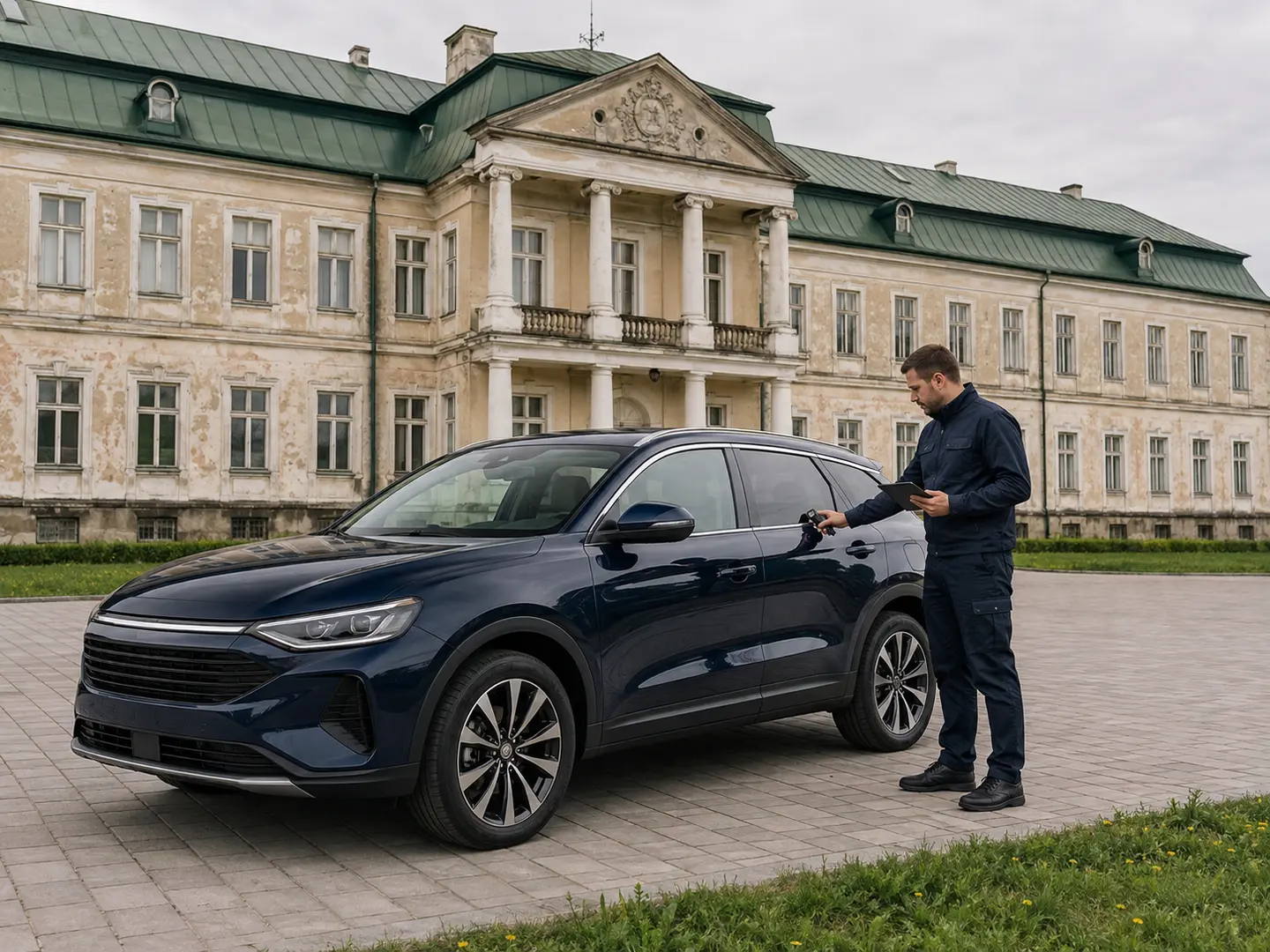 Перевірка кузова автомобіля біля палацу Потоцьких у Шептицькому