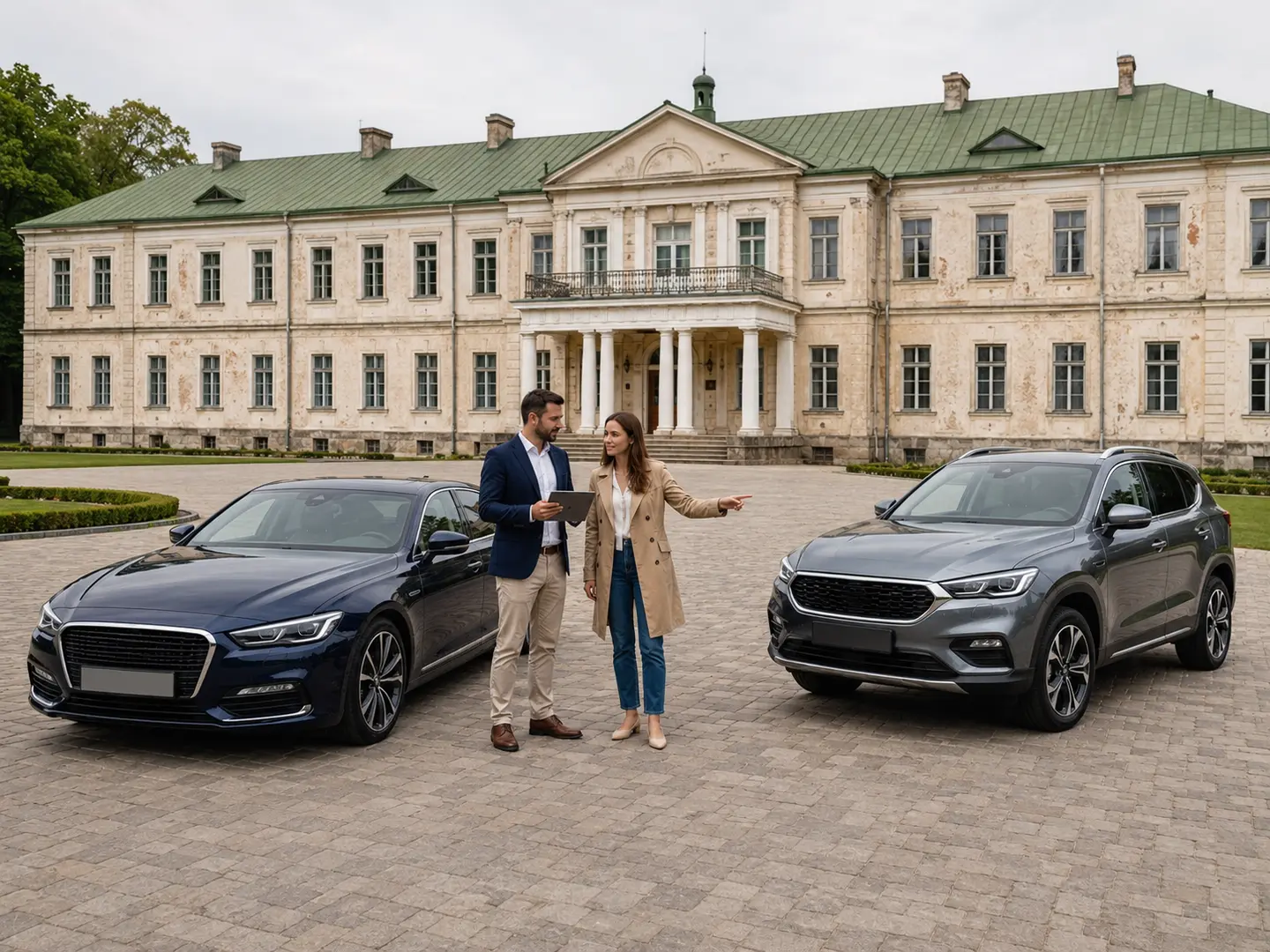 Порівняння автомобілів біля палацу Потоцьких у Шептицькому
