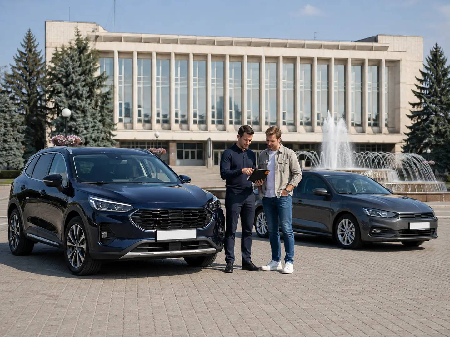 Експерт і клієнт порівнюють автомобілі в центрі Вараша