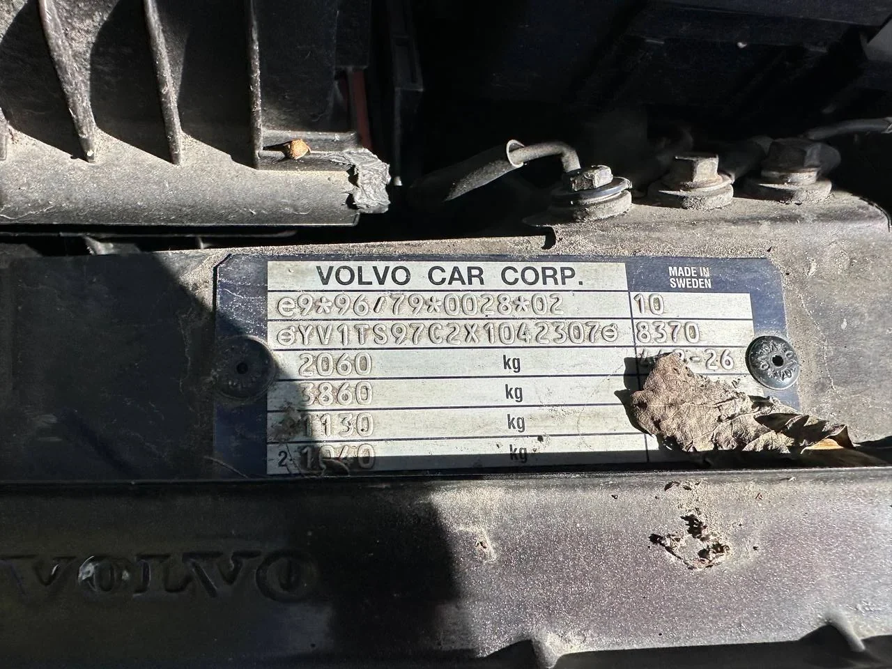 Заводське маркування Volvo S80 1999