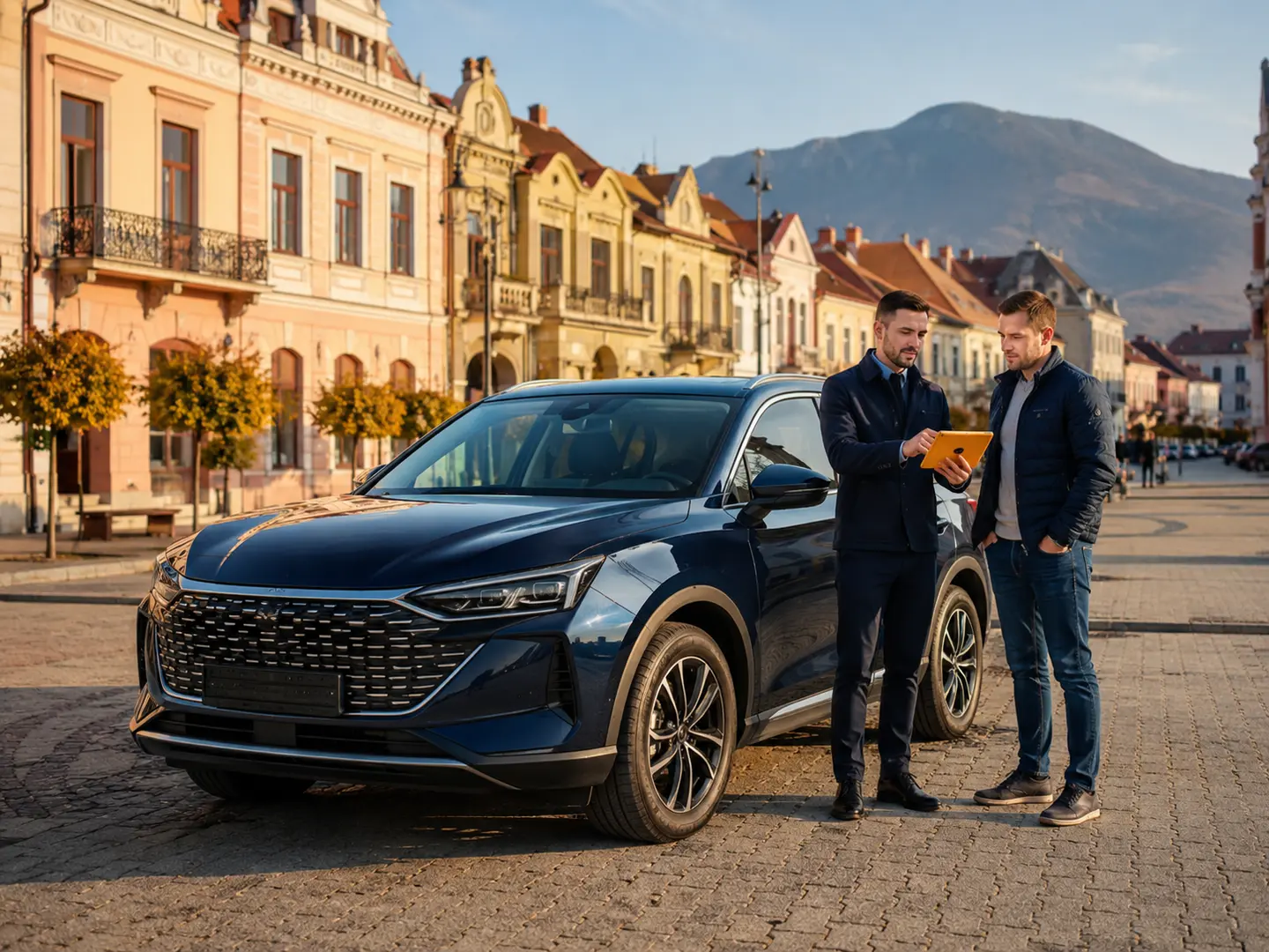 Експерт і клієнт порівнюють автомобілі в центрі Виноградова