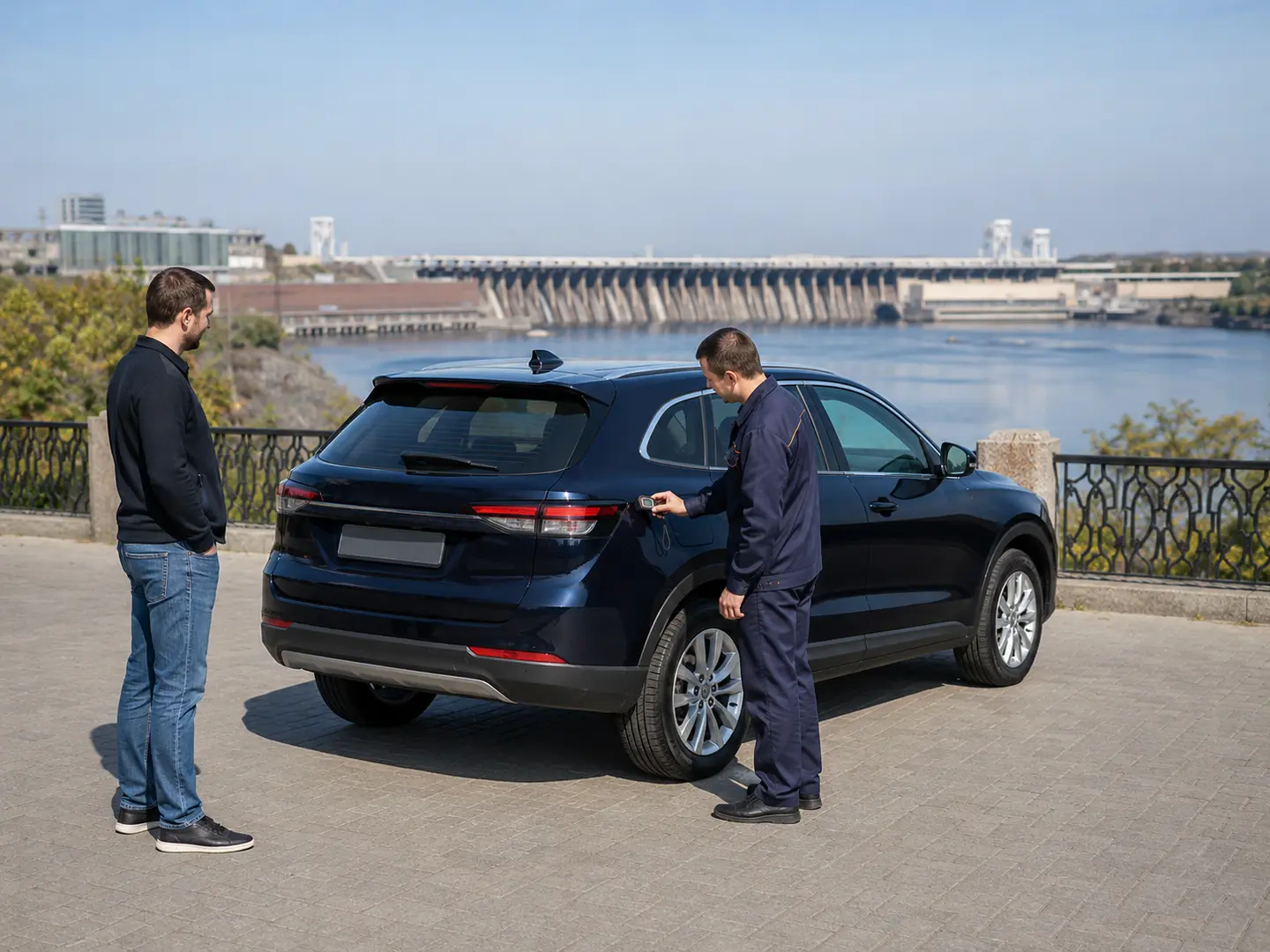 Перевірка автомобіля на тлі ДніпроГЕС у Запоріжжі